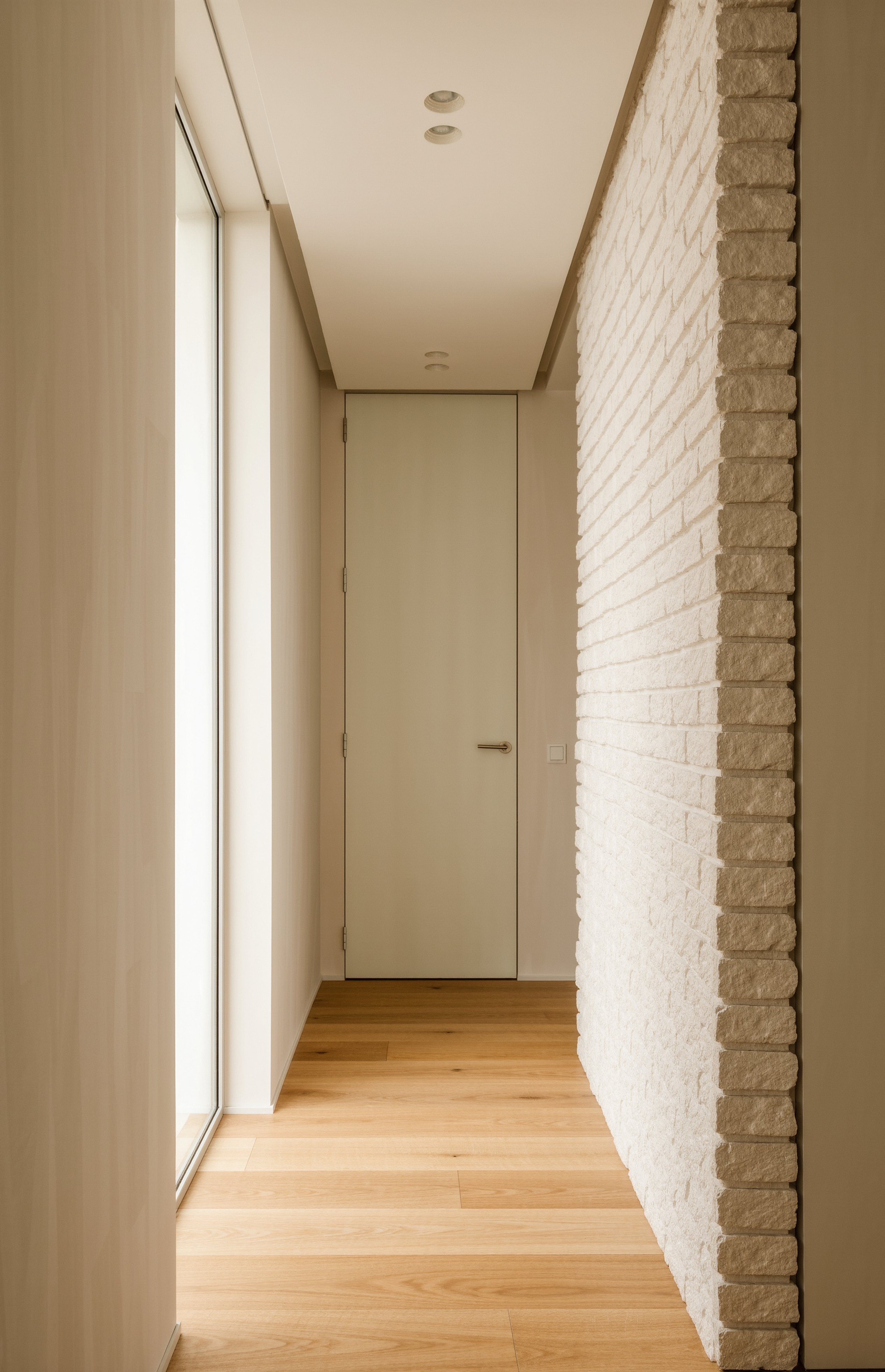 porta interna incorniciata da finto mattone bianco